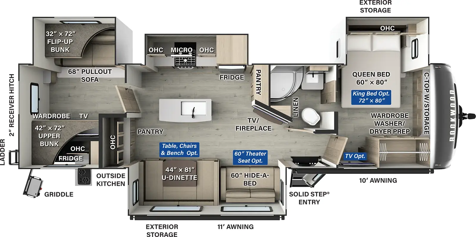 The Rockwood Signature Travel Trailers 8336BH has one entry and four slide outs. Exterior features include: fiberglass exterior, 11' & 10' awning and outside kitchen. Interiors features include: bunk beds, kitchen island, u-dinette, front bedroom and pass through bathroom.